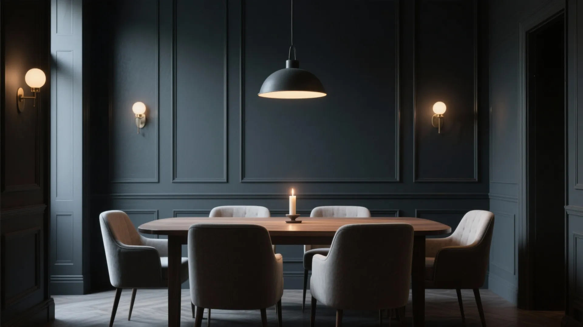 Dark grey dining room featuring wooden table, wall lights, black ceiling light, and candle light