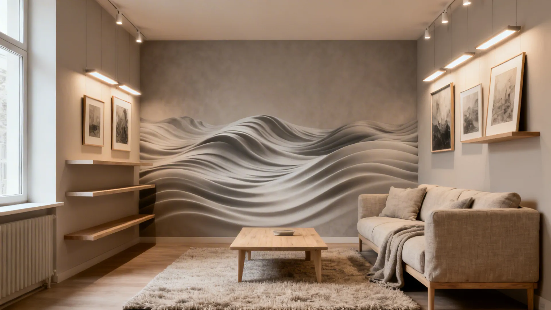 Calm living room with a soft taupe monochrome 3D wave mural and minimal decor.