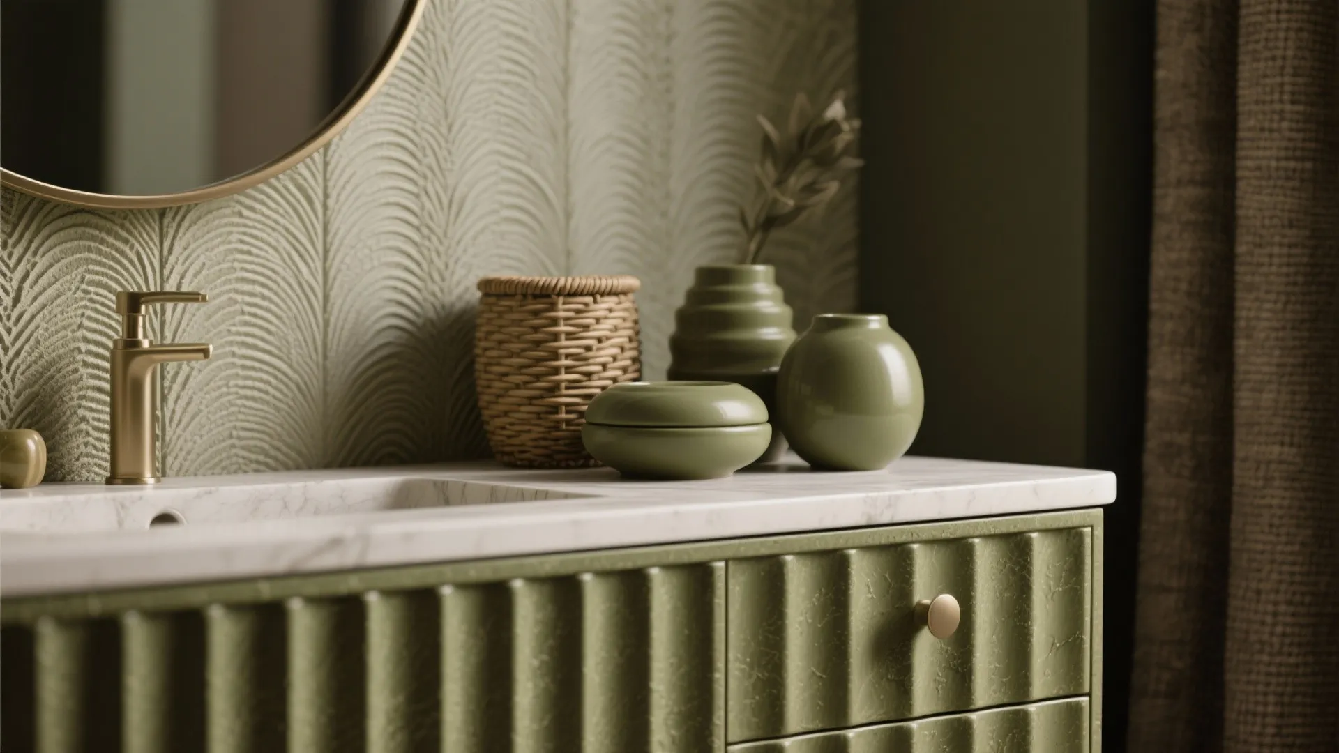 Modern olive green bathroom vanity with marble sink gold faucet patterned wallpaper and decorative ceramic jars