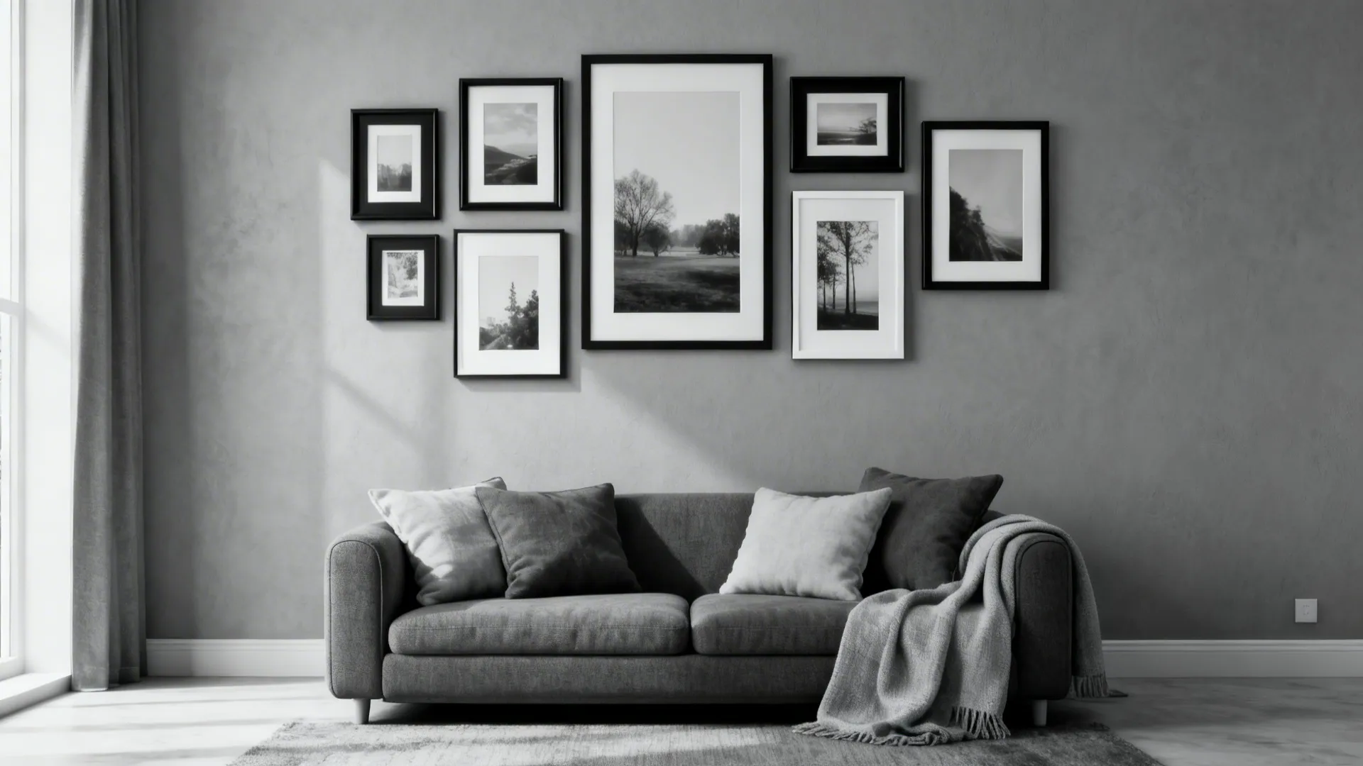 Minimalist living room featuring grey sofa with pillows blanket and gallery wall of framed pictures
