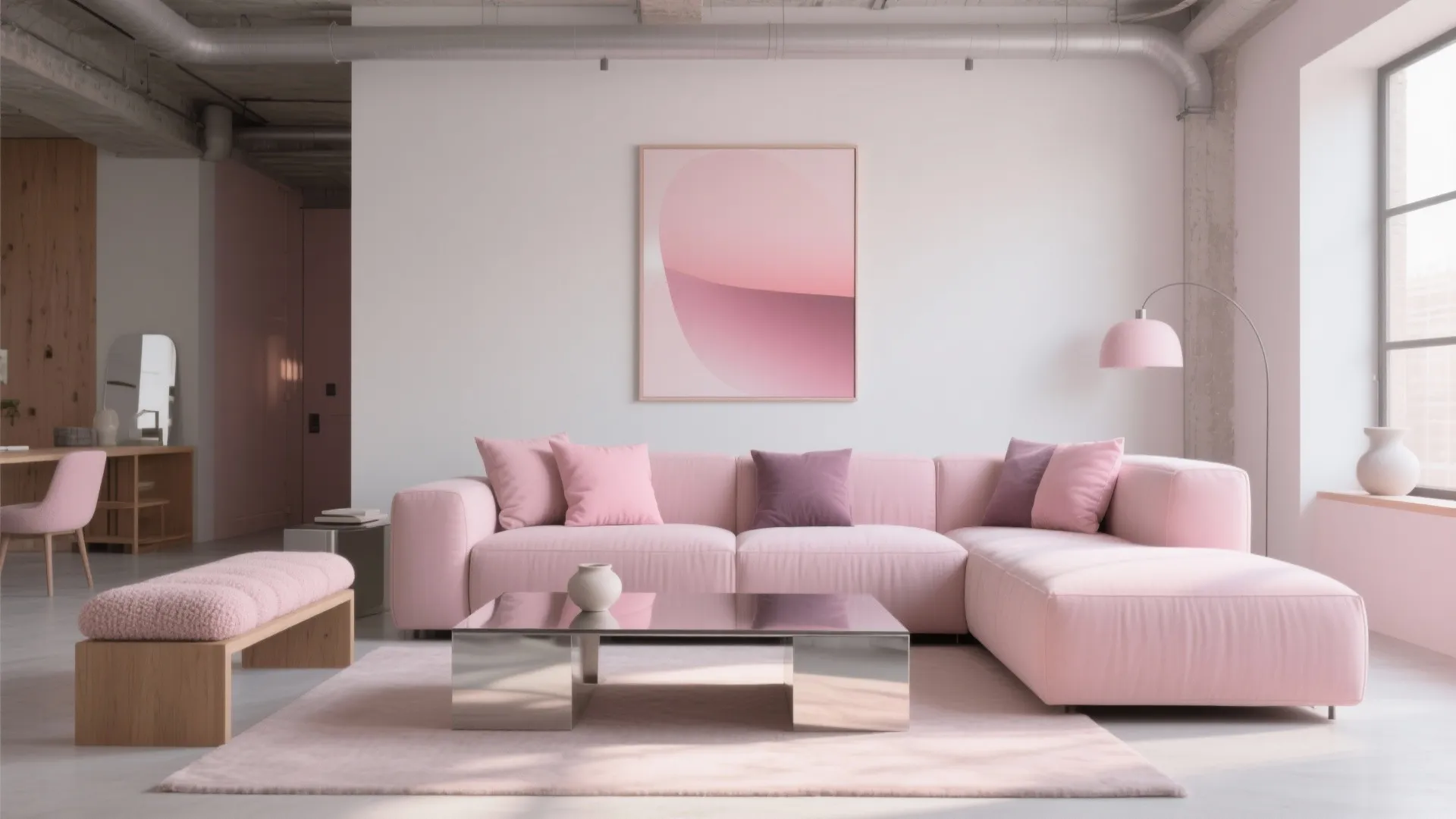 Modern pink sofa with metal coffee table and pink wall art in a large white room