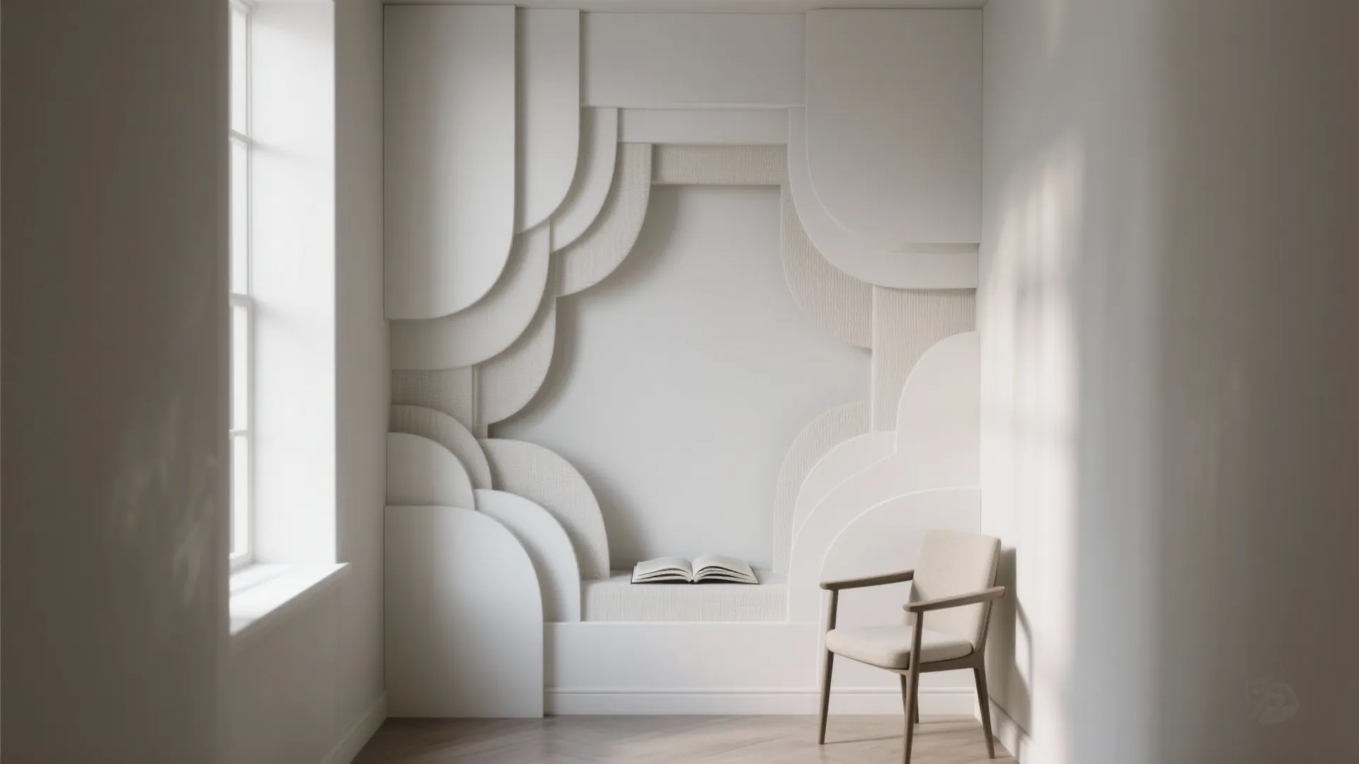 Minimalist room with artistic wall panel design and a small chair next to a window