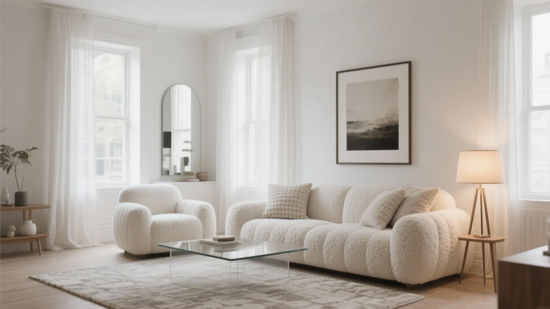 Bright white living room with textured sofa, glass coffee table, floor lamp, armchair, and curtains