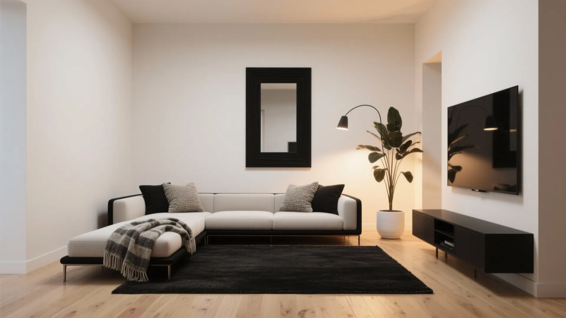 Living room with white corner sofa black rug wall tv floor plant and large mirror