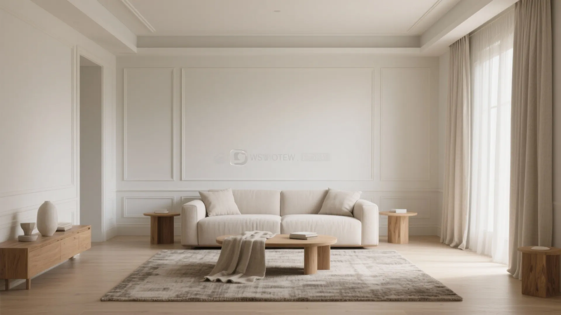 Minimalist living room with a cream sofa wooden coffee table rug and wall panel details
