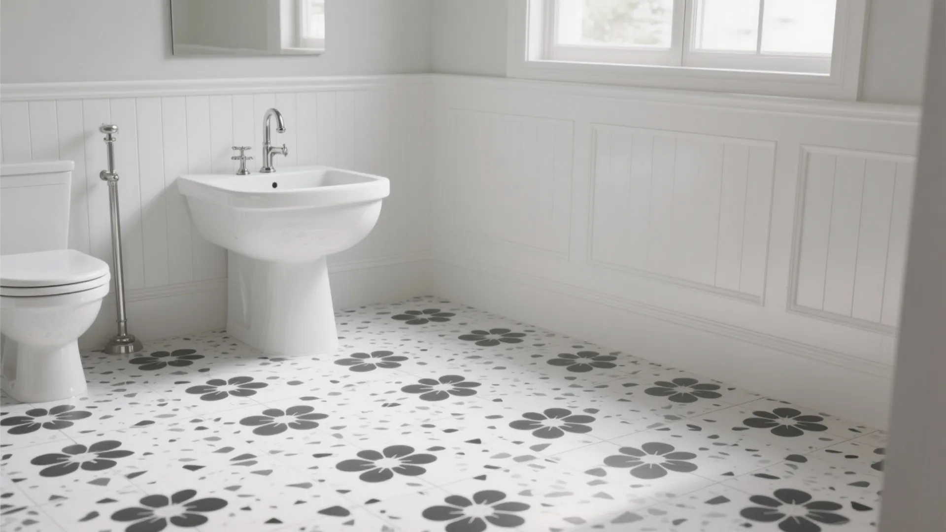 Bright bathroom with white toilet sink and wall panel featuring black and white flower floor tiles