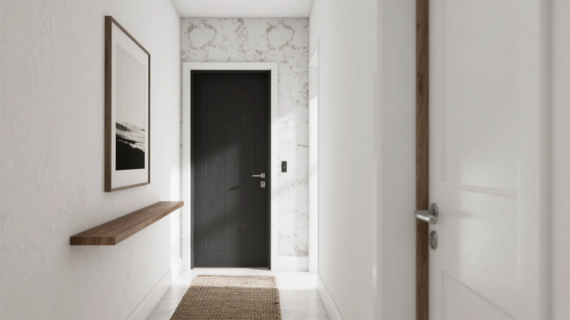 Bright white hallway featuring black wooden door, small wall shelf, framed art, and floor rug