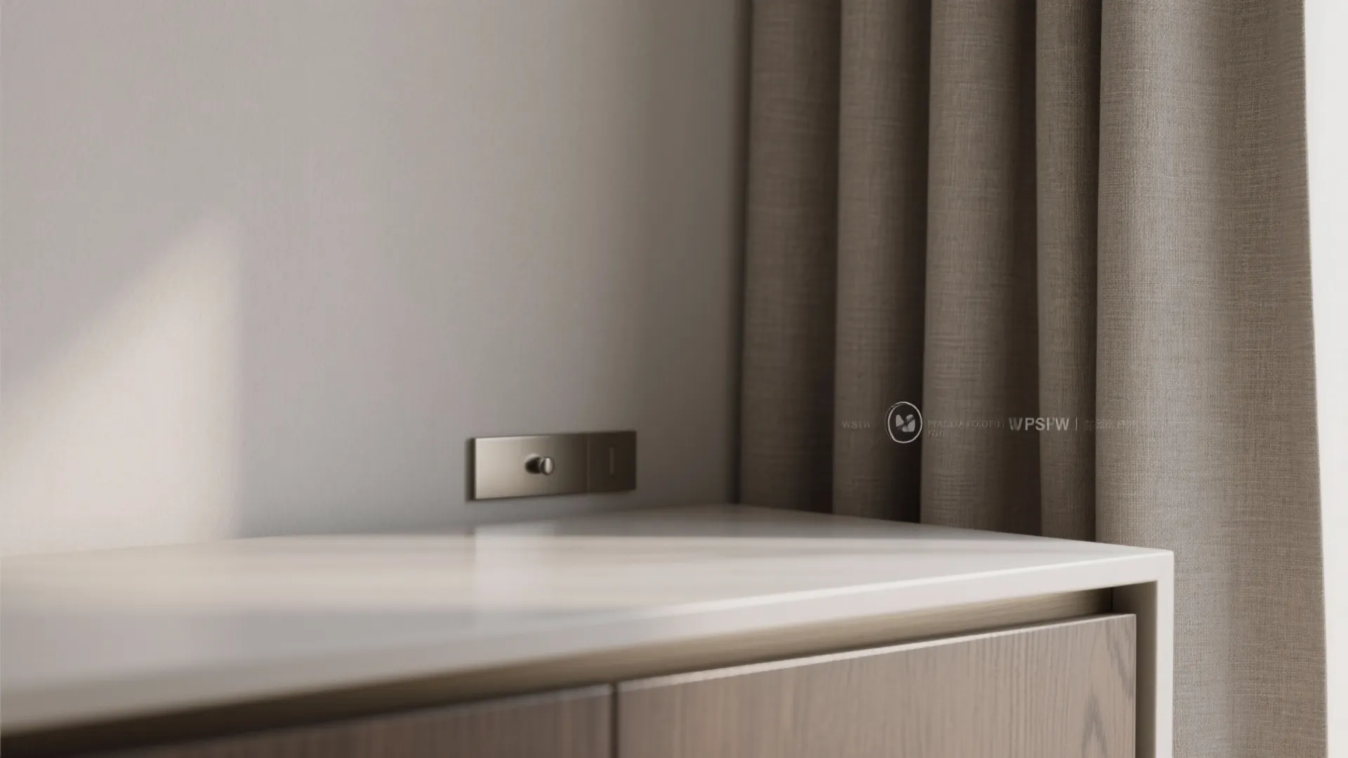 Close up of grey curtain next to white wall with small light switch and cabinet