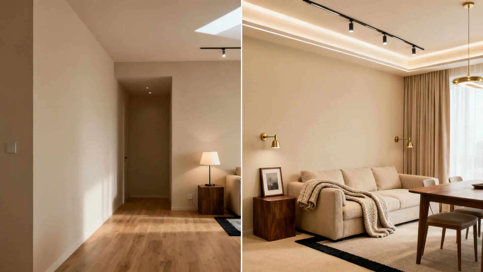 Before-and-after of a small living-dining room shifting from flat beige to a warm, textured monochrome scheme.