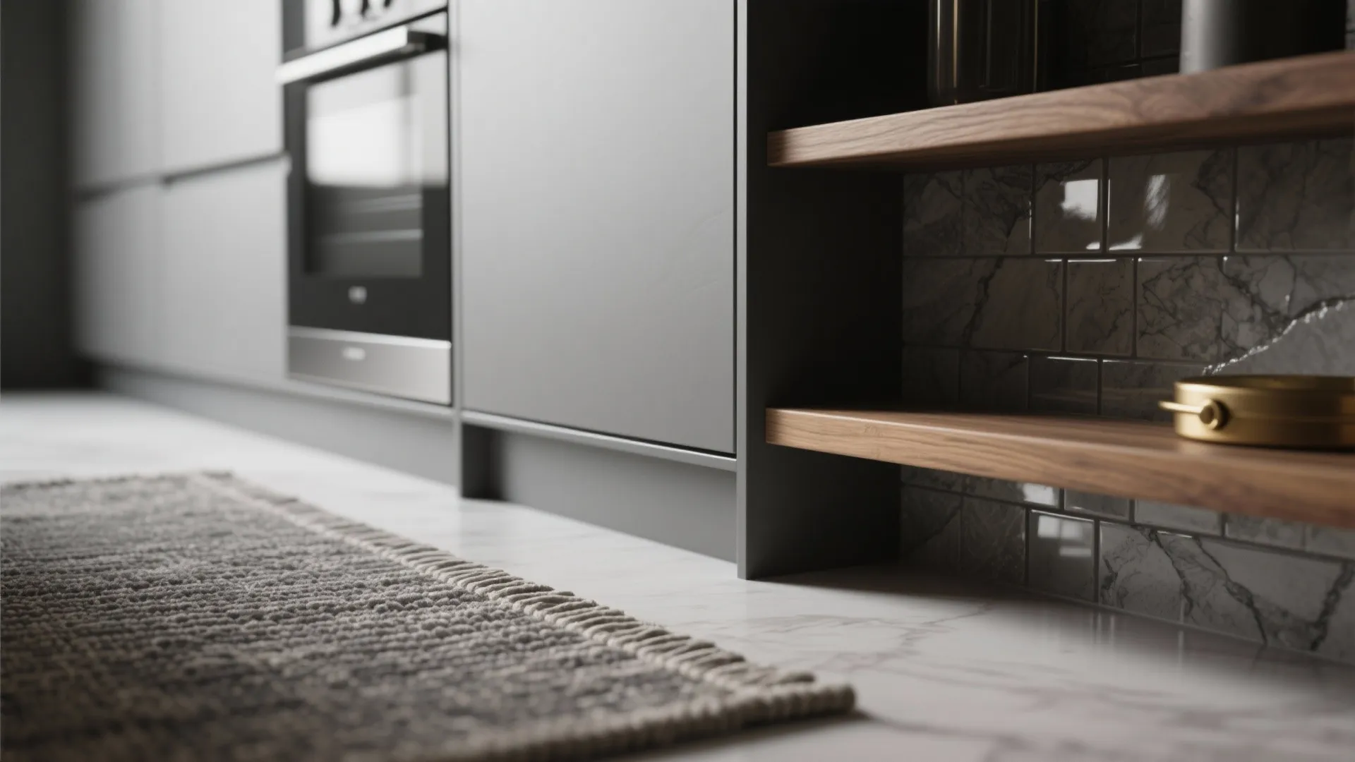 Close-up of matte gray cabinet, glossy backsplash tile, woodgrain shelf and brass hardware showing layered textures.