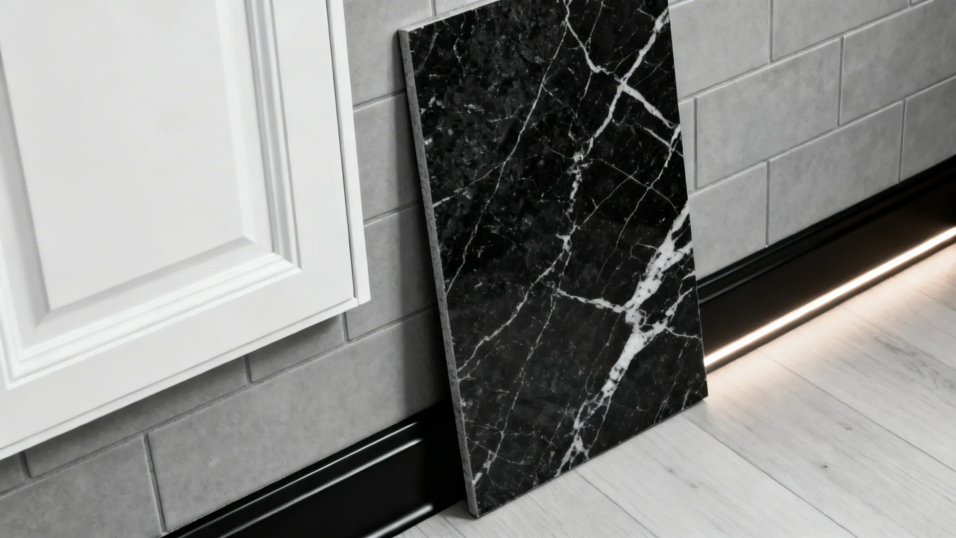Flat lay with white door sample, black-veined quartz, dark toe-kick, gray tile, and floor plank.