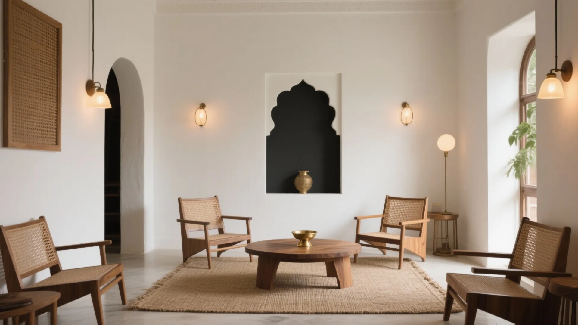 White room featuring wooden chairs, round coffee table, wall lights, and a small gold vase