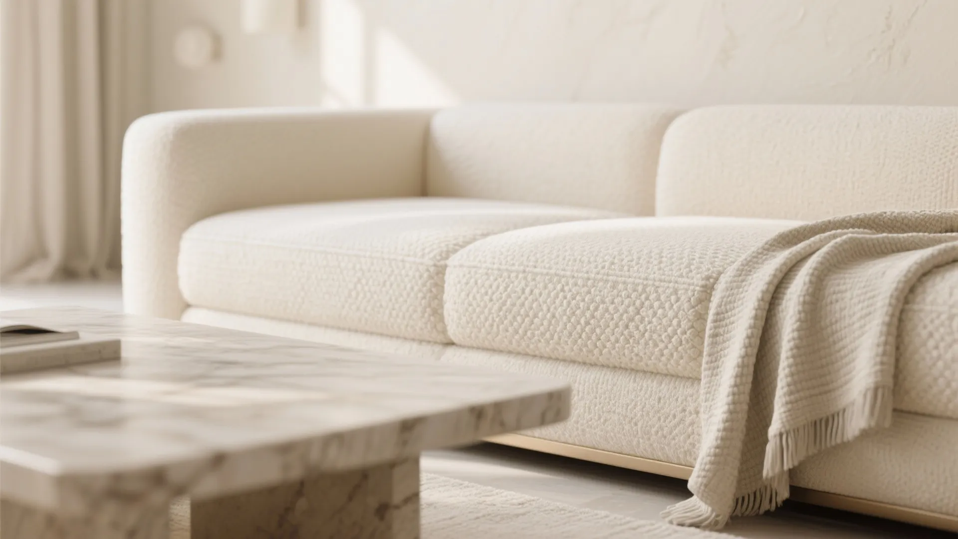 Modern white sofa with textured fabric and blanket near marble coffee table in bright living room