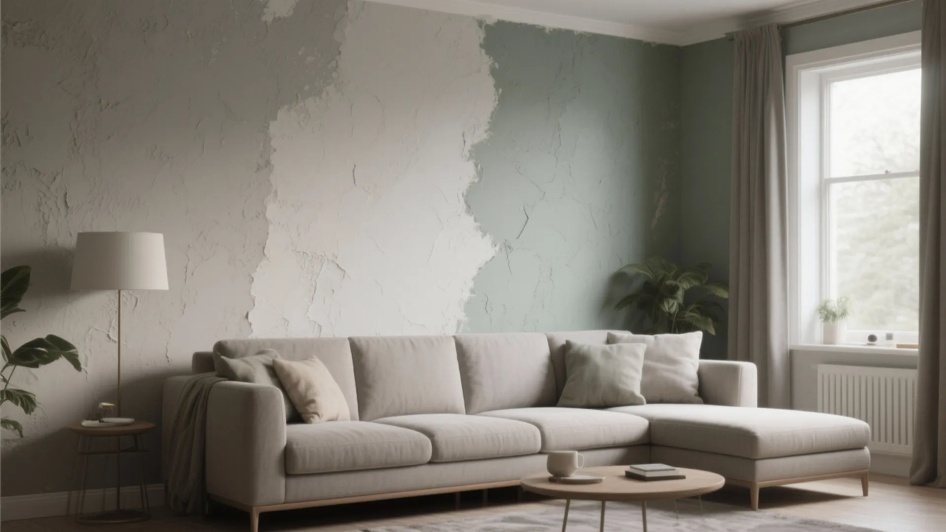 Living room in a monochrome palette with layered matte and satin wall finishes and textured feature wall.