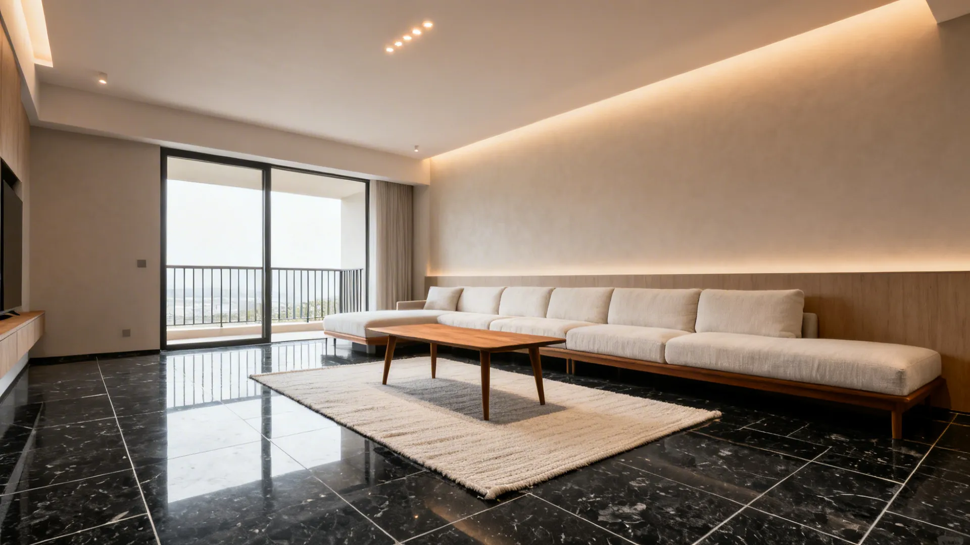 Modern living room with black marble floor white sofa wooden coffee table and large glass windows