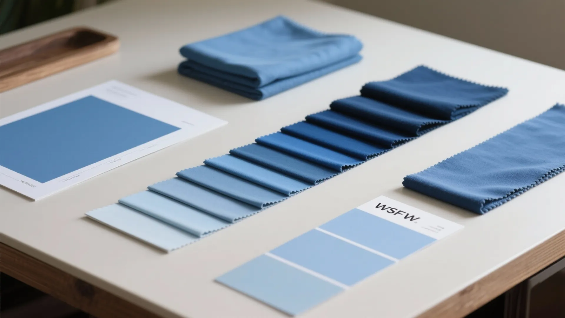 Blue fabric swatches and color palette cards arranged on a white table for interior design selection