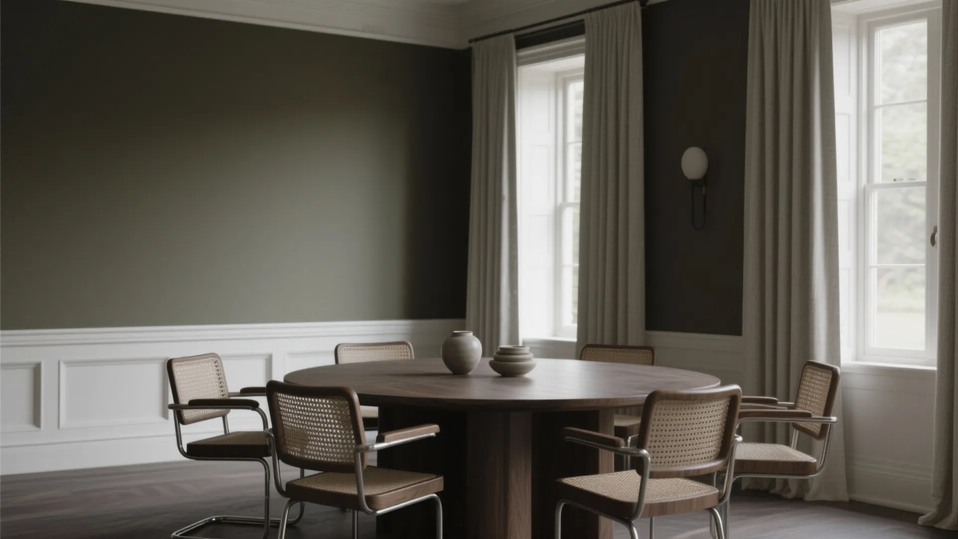 Modern dining room with green walls white wall panels round wooden table and woven chairs