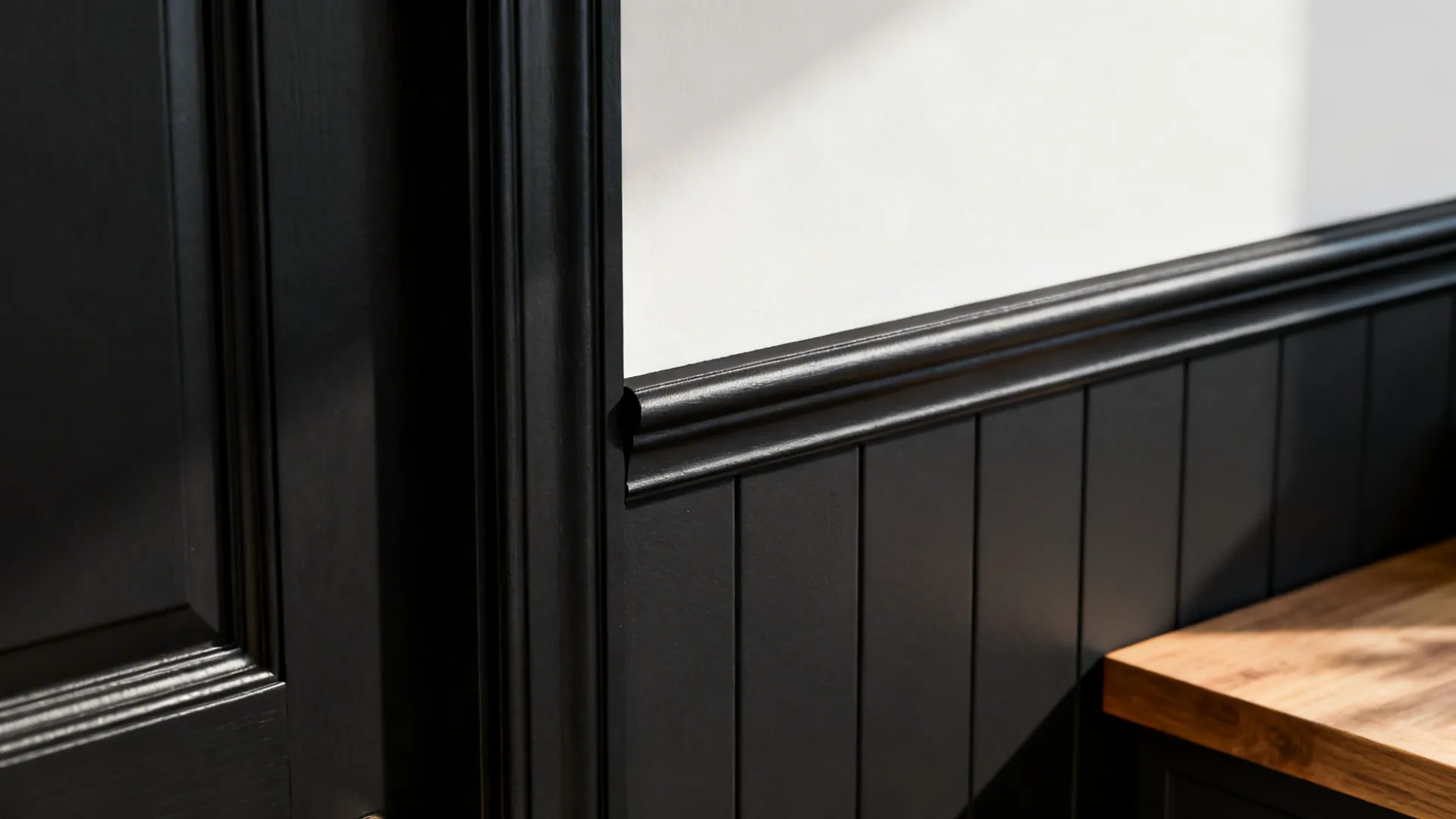 Close-up of black trim meeting warm white wall with a crisp edge and charcoal backsplash.