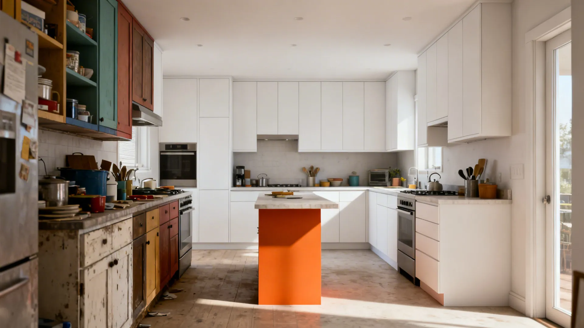 Before-and-after view showing new white uppers and an orange peninsula replacing clutter.