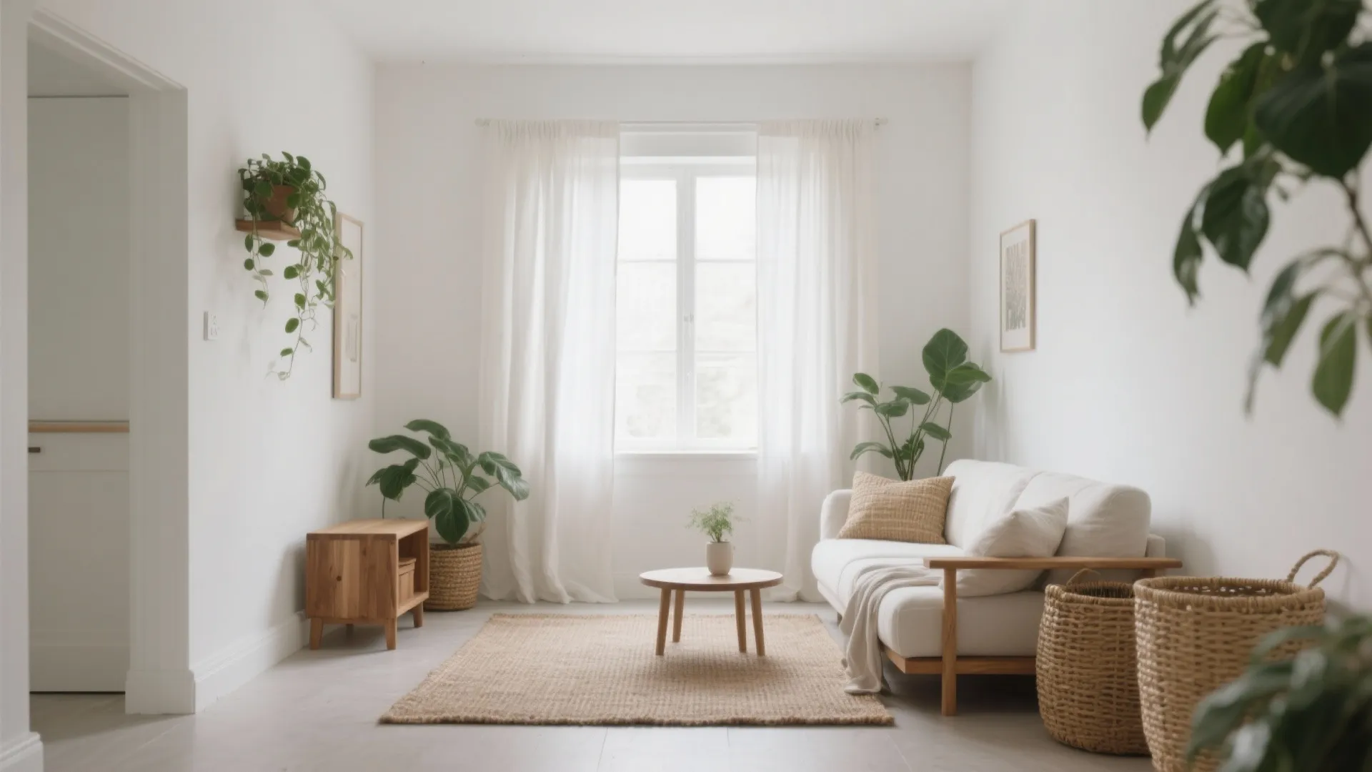 Minimalist living room with white sofa wooden coffee table potted plants and bright natural light