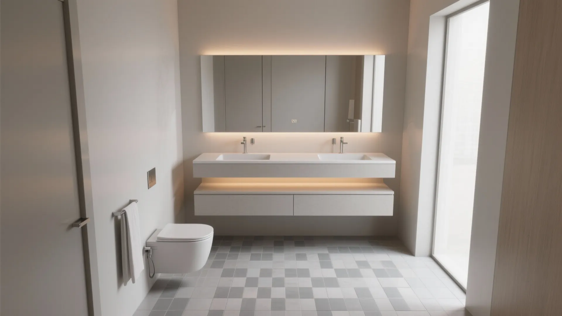 Minimalist bath with 2x2 matte porcelain monochrome mosaic floor under warm light.