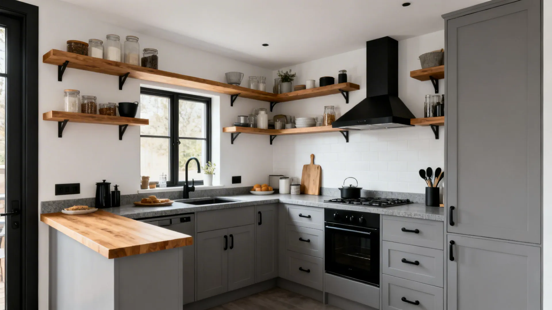 Scandinavian-style kitchen with oak shelves, walnut ledge, grey cabinets, and black hardware.
