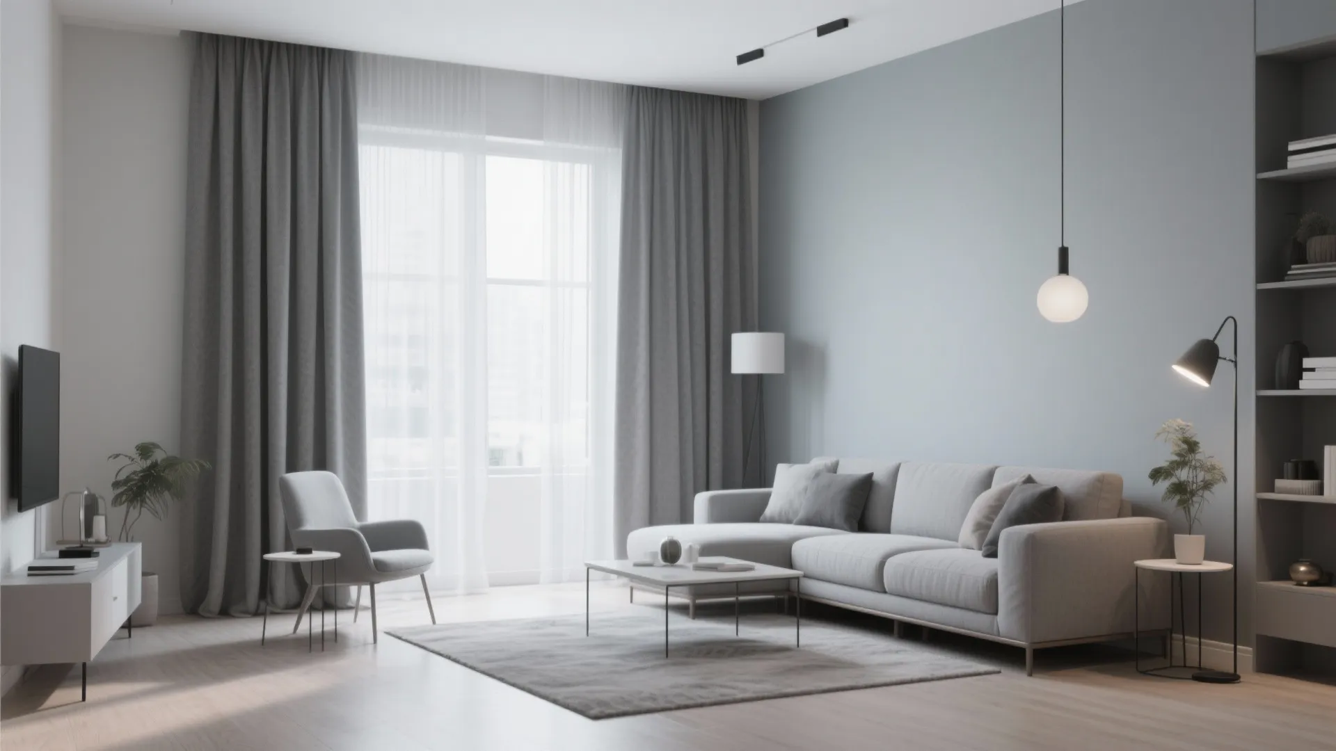 Living room with curtains matching the wall color for a seamless look