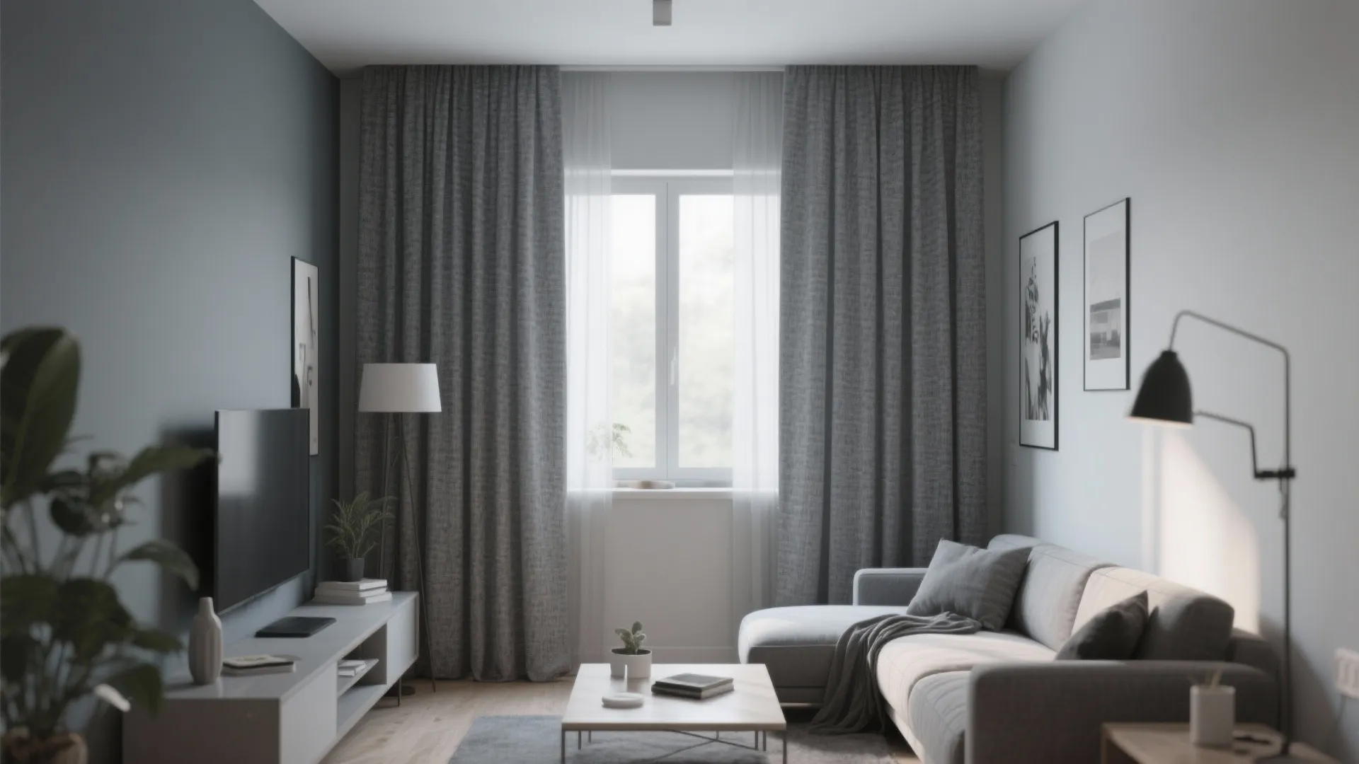 Minimalist grey living room with grey curtains grey sofa television coffee table and floor lamp