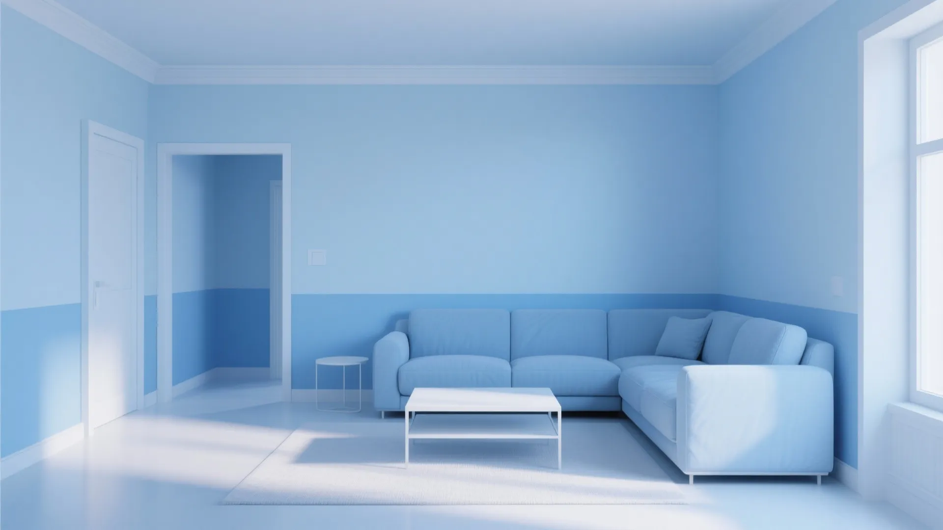 Minimalist living room with layered shades of blue