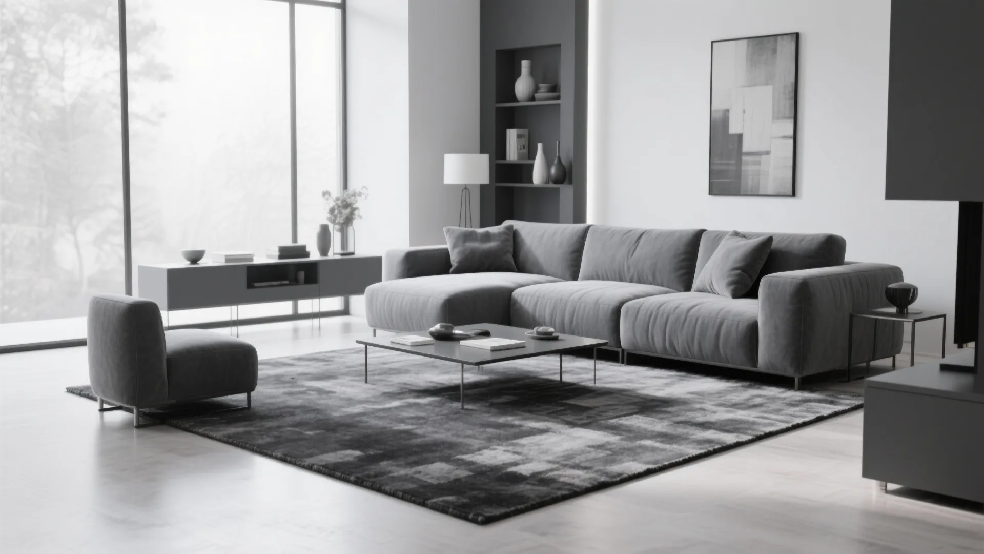 Modern grey living room with large sofa square coffee table and a big grey rug