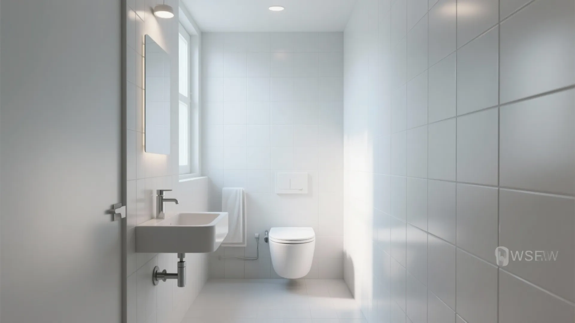 Minimalist white bathroom interior design drawing with a floating toilet small sink and bright window