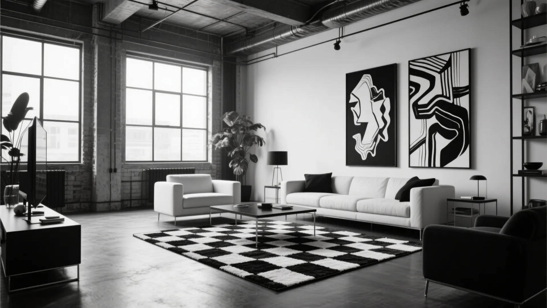 Industrial monochrome living room with checkered rug white sofa black wall art and large windows