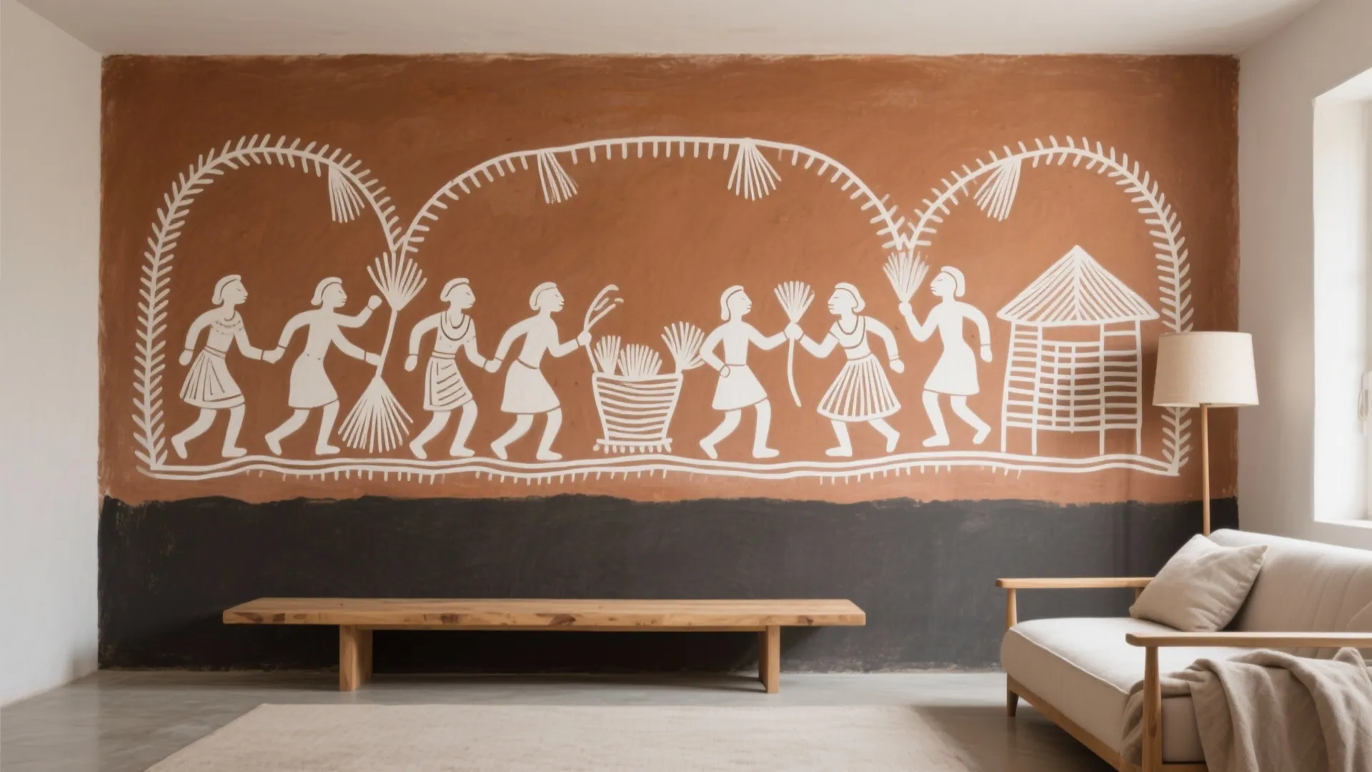 Interior room featuring a large wall mural with white figures above a low wooden bench