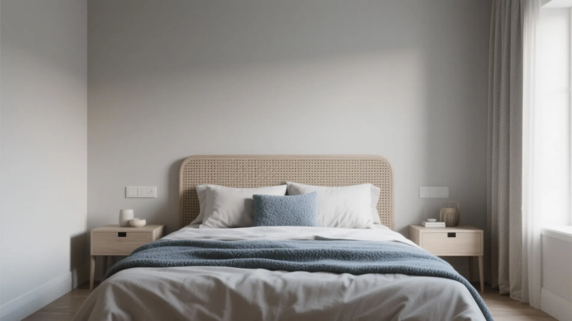 Minimalist bedroom with woven headboard white walls blue pillow wooden nightstands and soft natural light