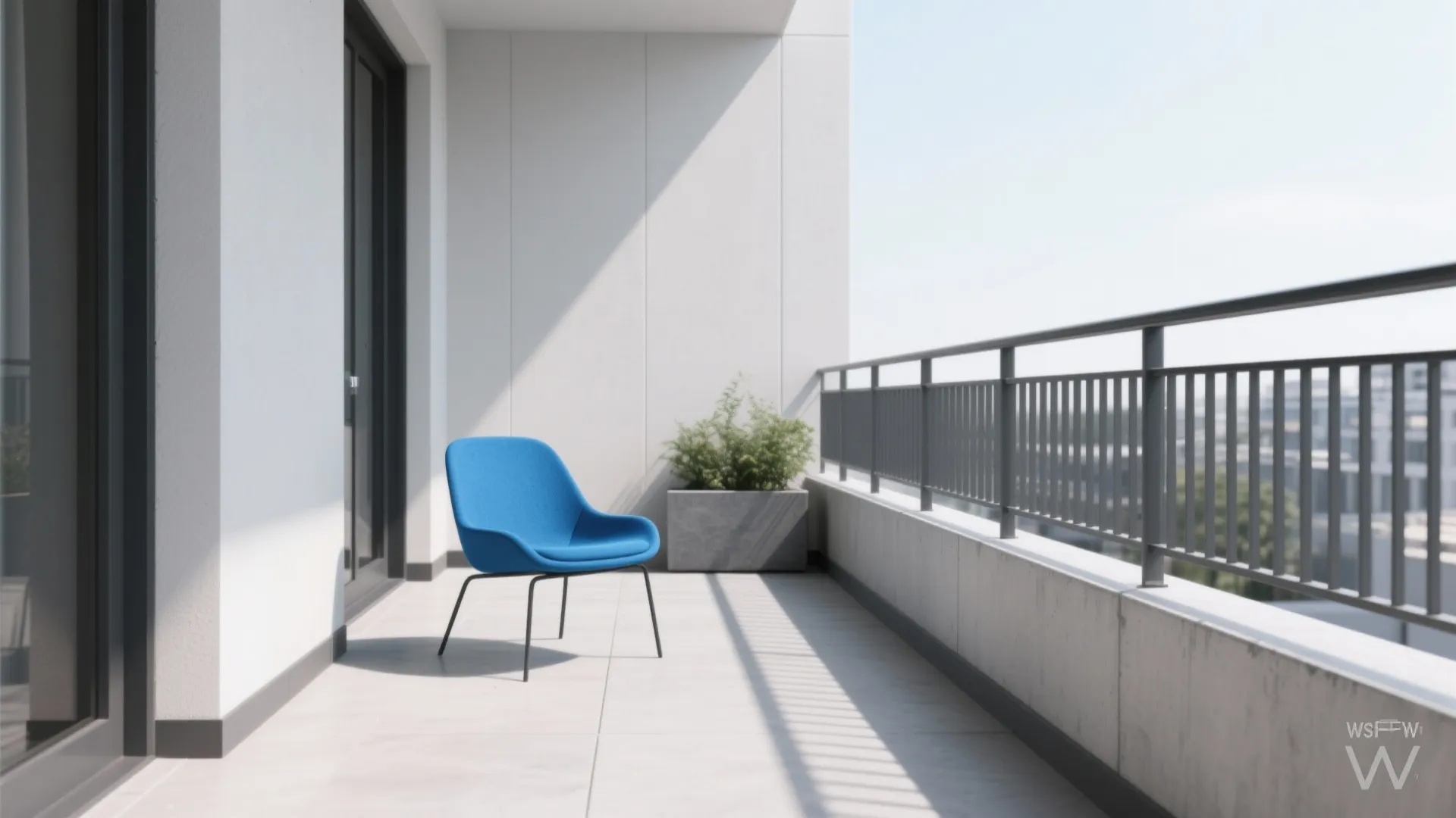 Modern white balcony featuring blue chair next to a grey planter box under bright sunlight