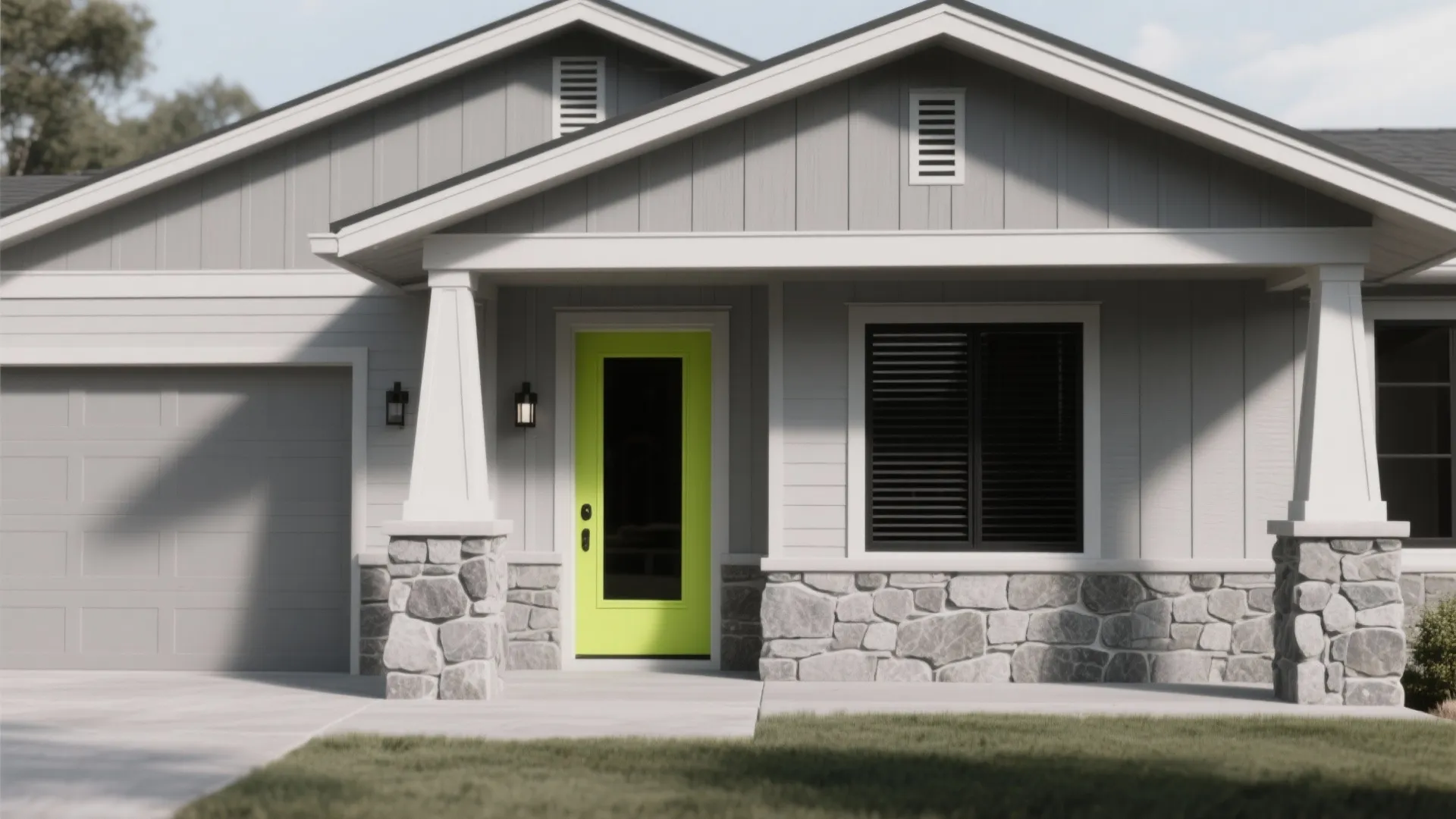 Grey modern house exterior with stone wall panels and a bright lime green front door
