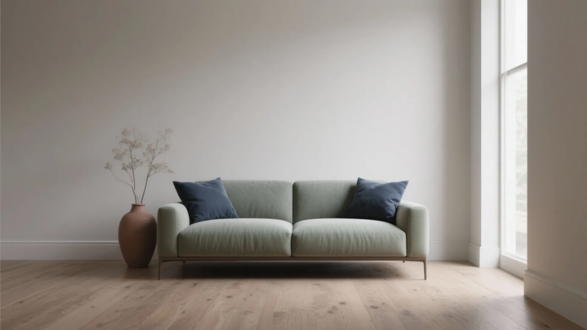 Neutral living area with a single muted accent chair and matching accessories repeated across the room.