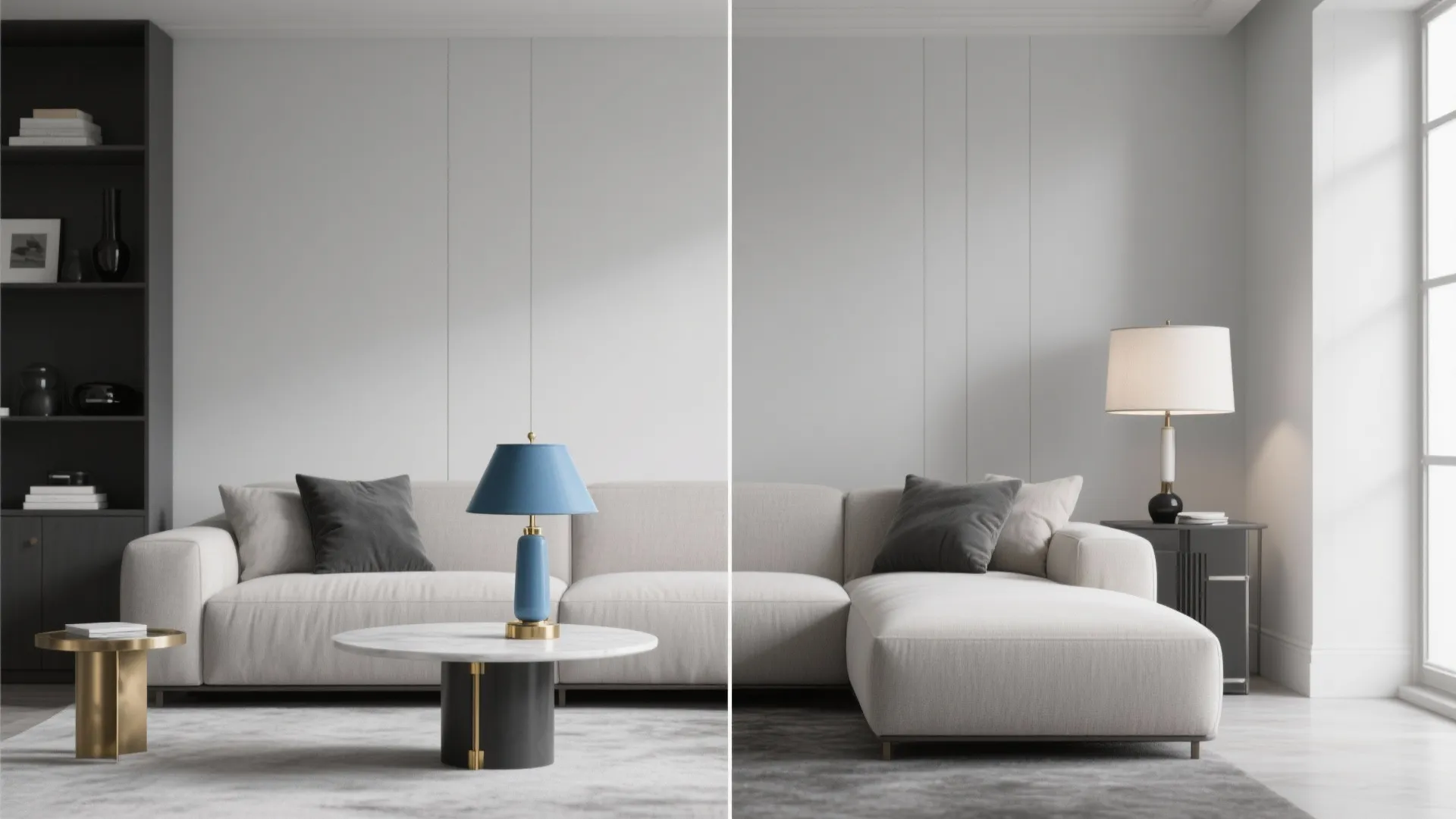 Modern living room comparison showing different table light fixture colors and furniture layout design options