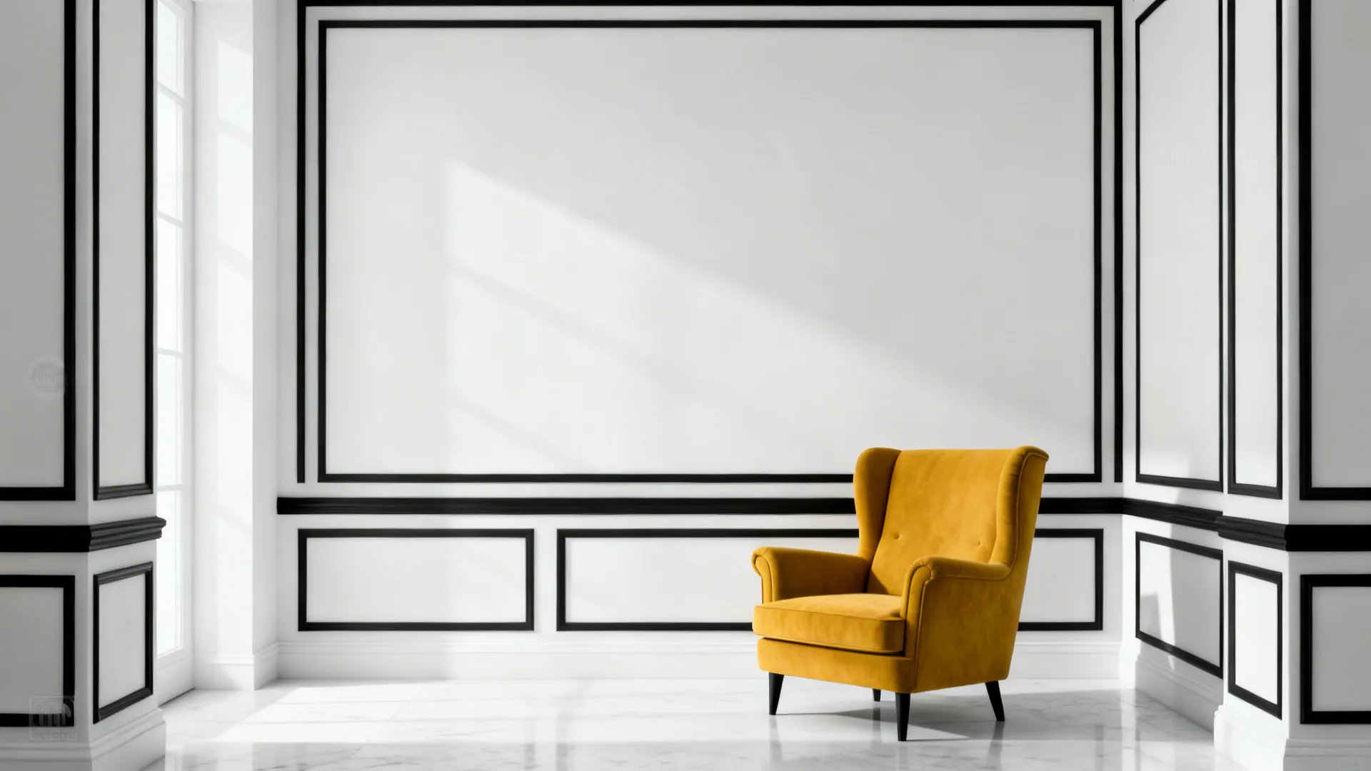 Monochrome living room with white walls, black trim, and a single bold mustard accent chair.