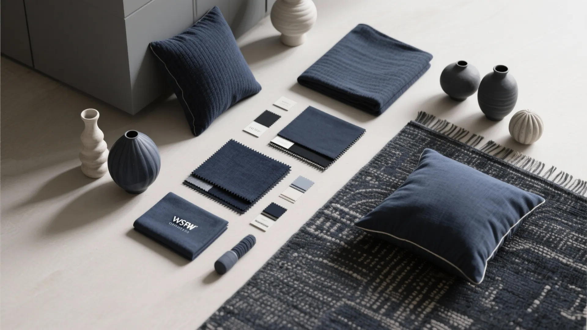 Blue fabric samples and pillows arranged on floor with gray rug and small decorative vases