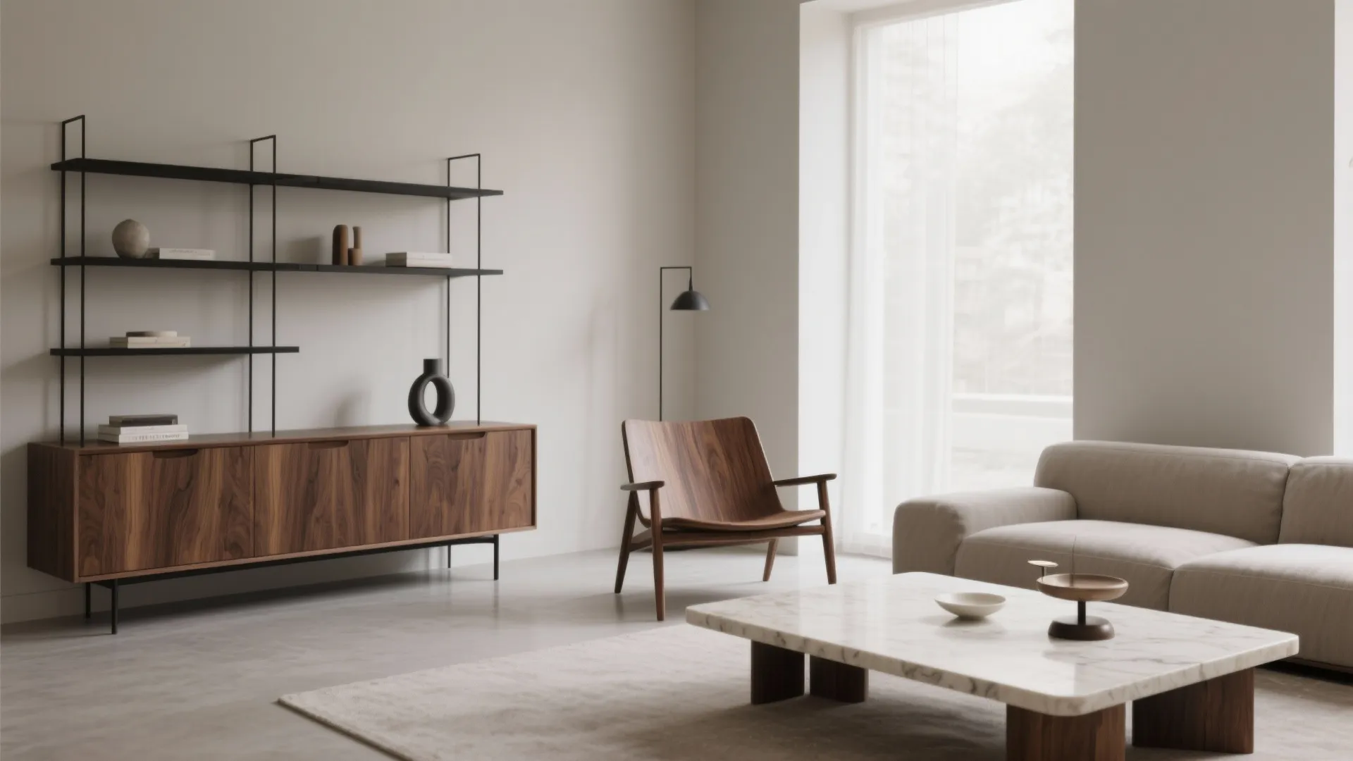 Monochrome taupe living room with walnut wood accents and black metal details.