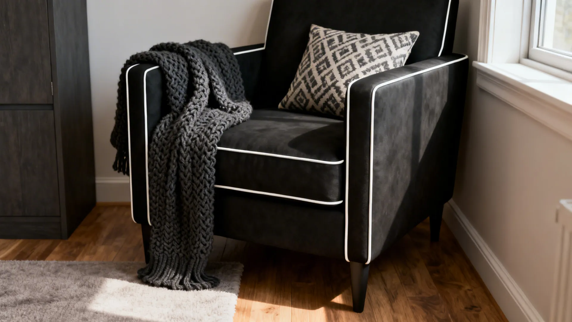 Close-up of black armchair with white piping, knit throw and cushion