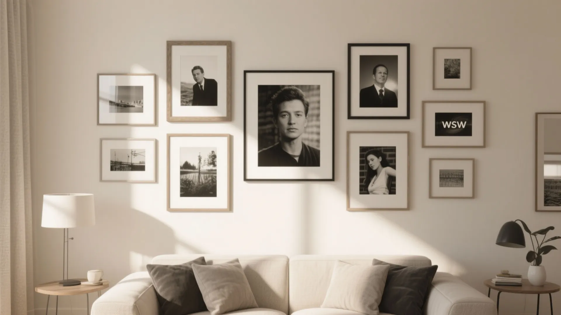 Black and white photographs on cream wall in living room
