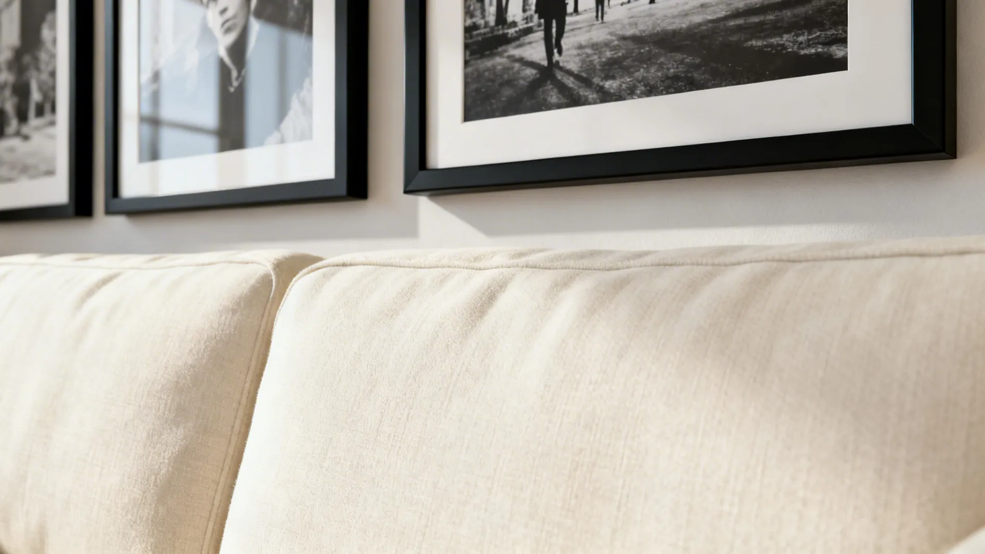 Cream upholstered sofa with black-framed monochrome photos above, showing fabric texture.