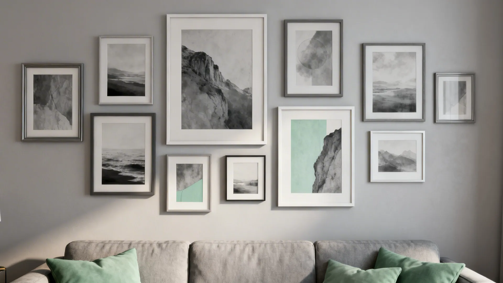 Gallery wall with grey-toned art and sage-accent pieces above a grey sofa