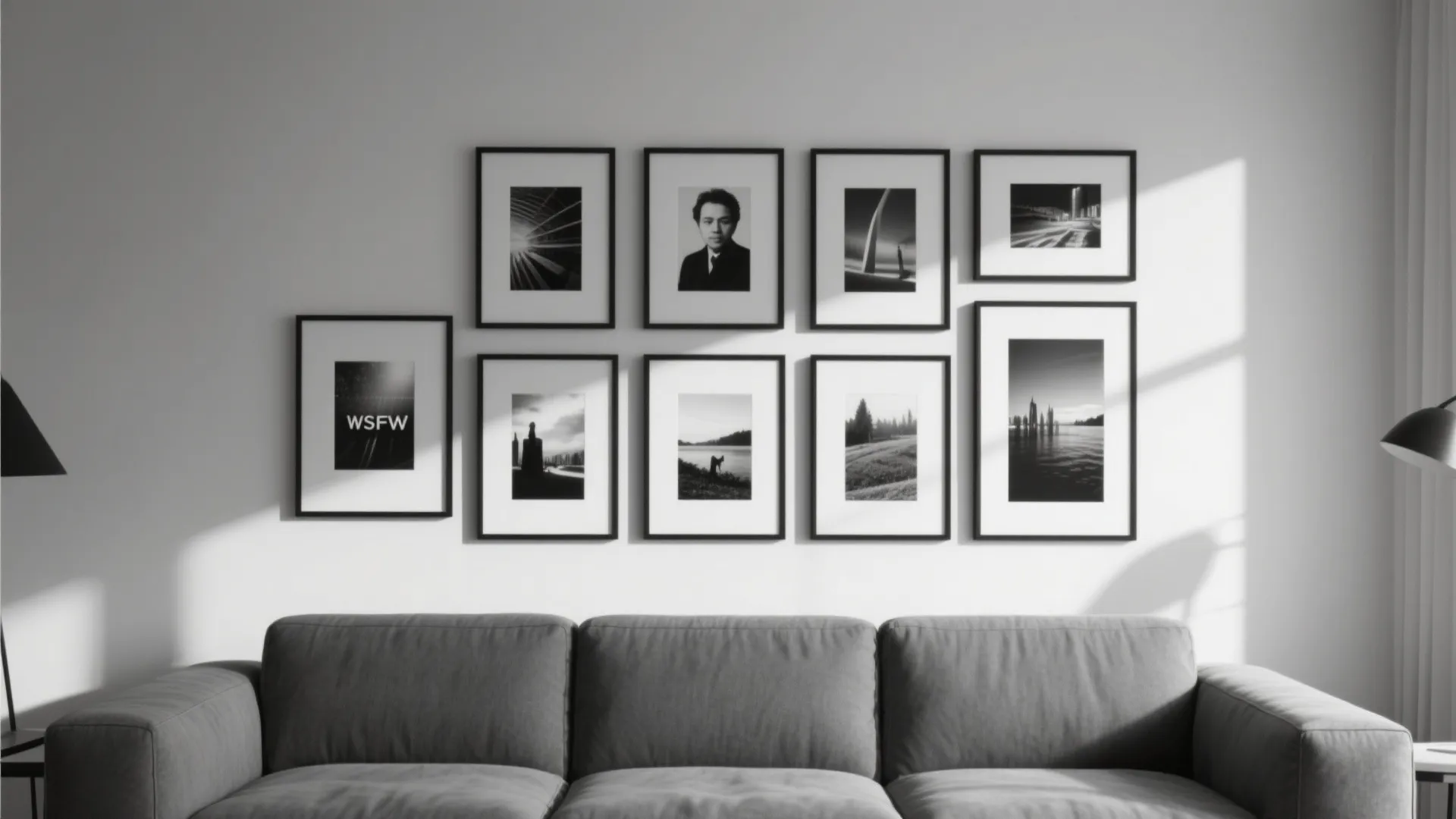 Monochrome gallery wall with several black framed photos hanging above a grey sofa in living room