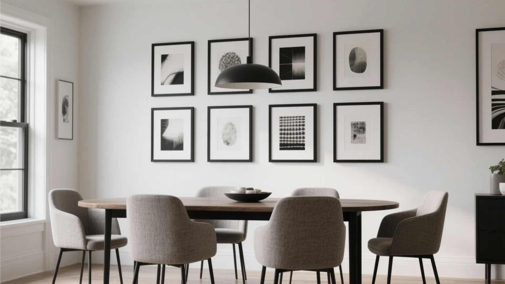Modern dining room with wooden table grey chairs black ceiling light and framed wall art