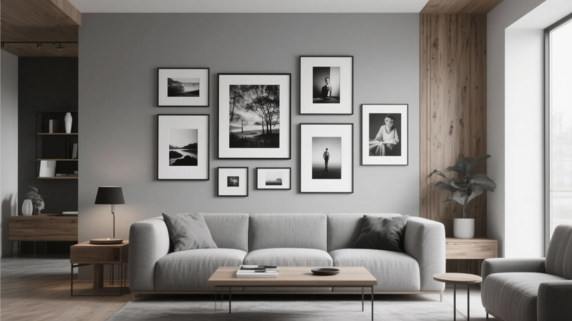 Grey fabric sofa sitting under a gallery wall of black and white framed art photos