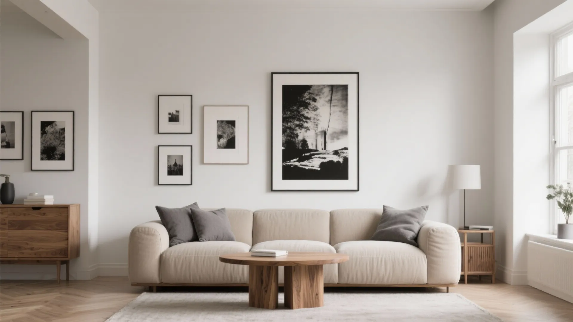 3. Monochrome Art and Natural Wood Touches