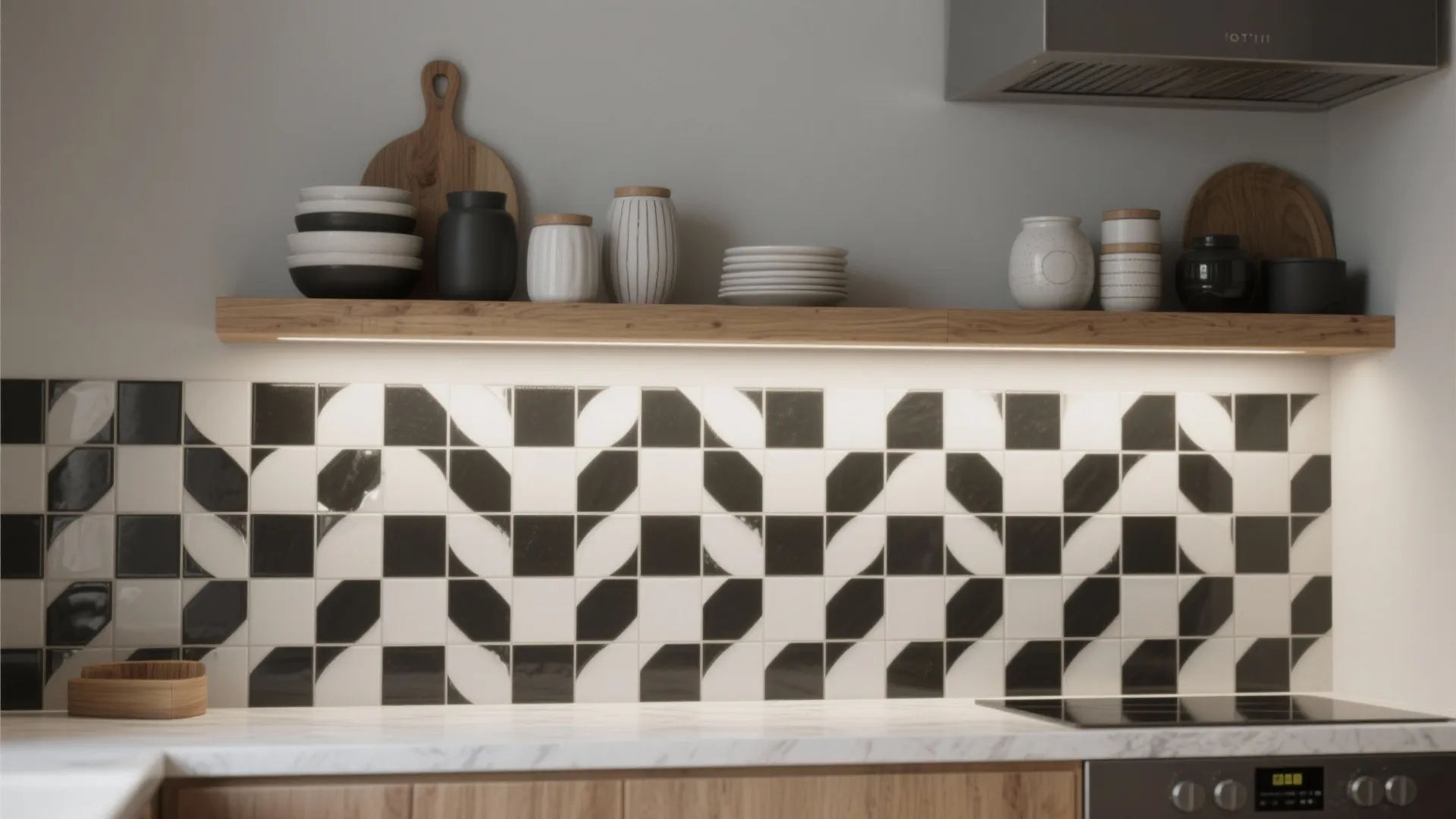 3. Monochrome Backsplash with Wood Open Shelves